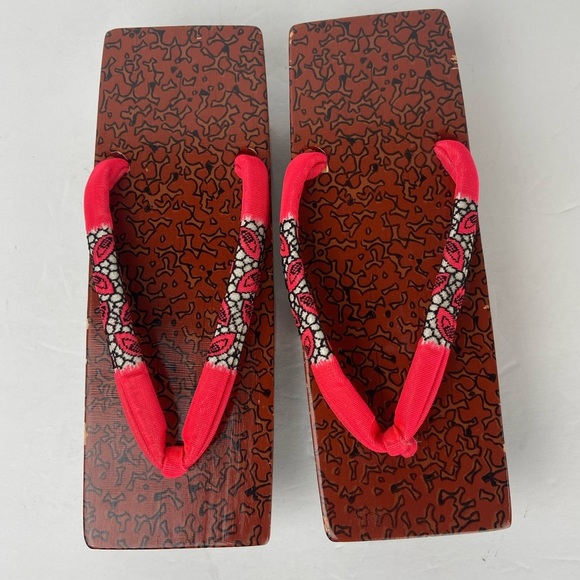 Vintage Japanese Kimono Geta Wooden Sandals Pink Artsy Rare 9" X 3" X 1.5 Tall - Picture 4 of 11
